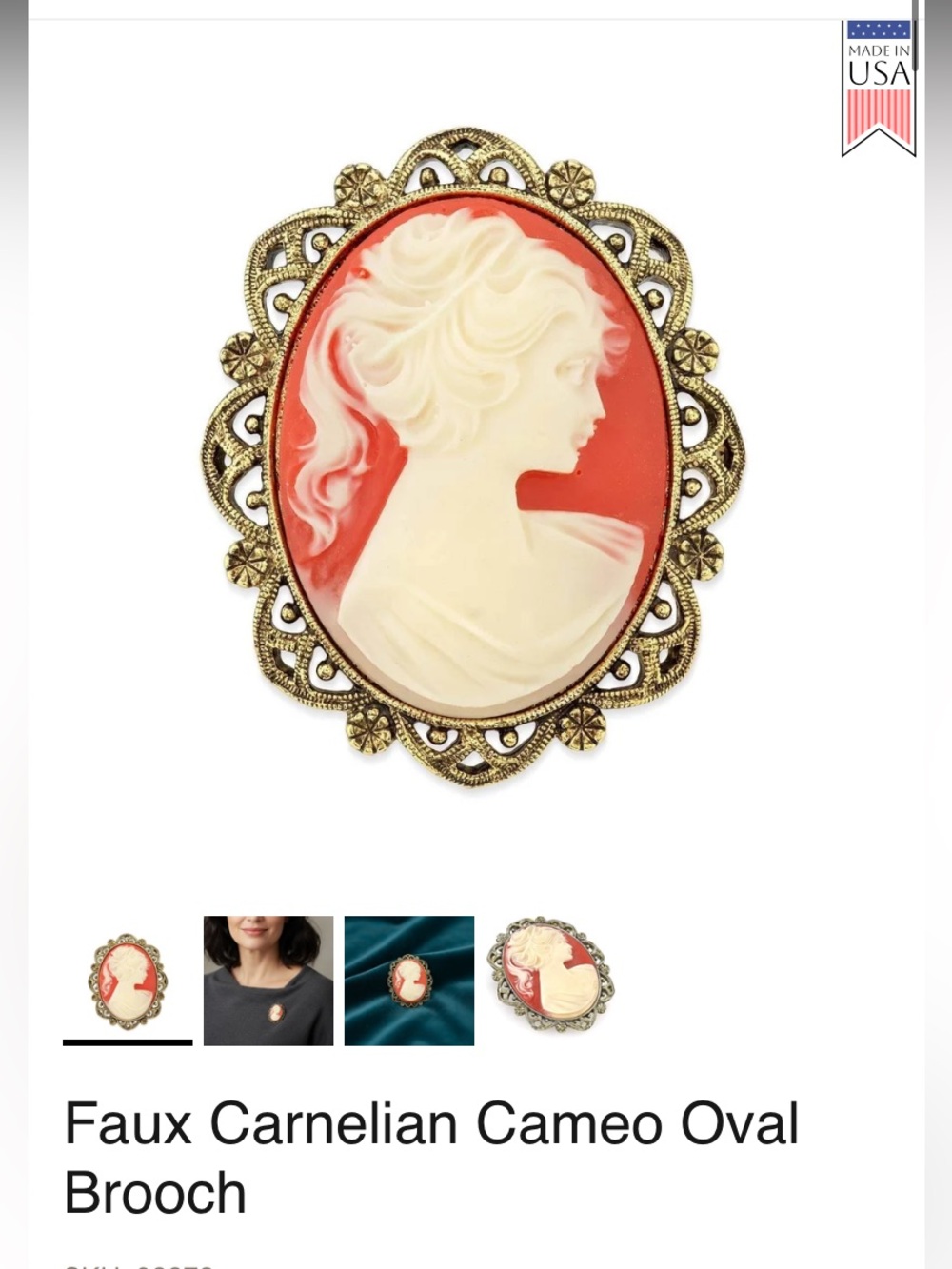 1928 Gold-Tone Oval Cameo Brooch with Coral and Ivory Tones